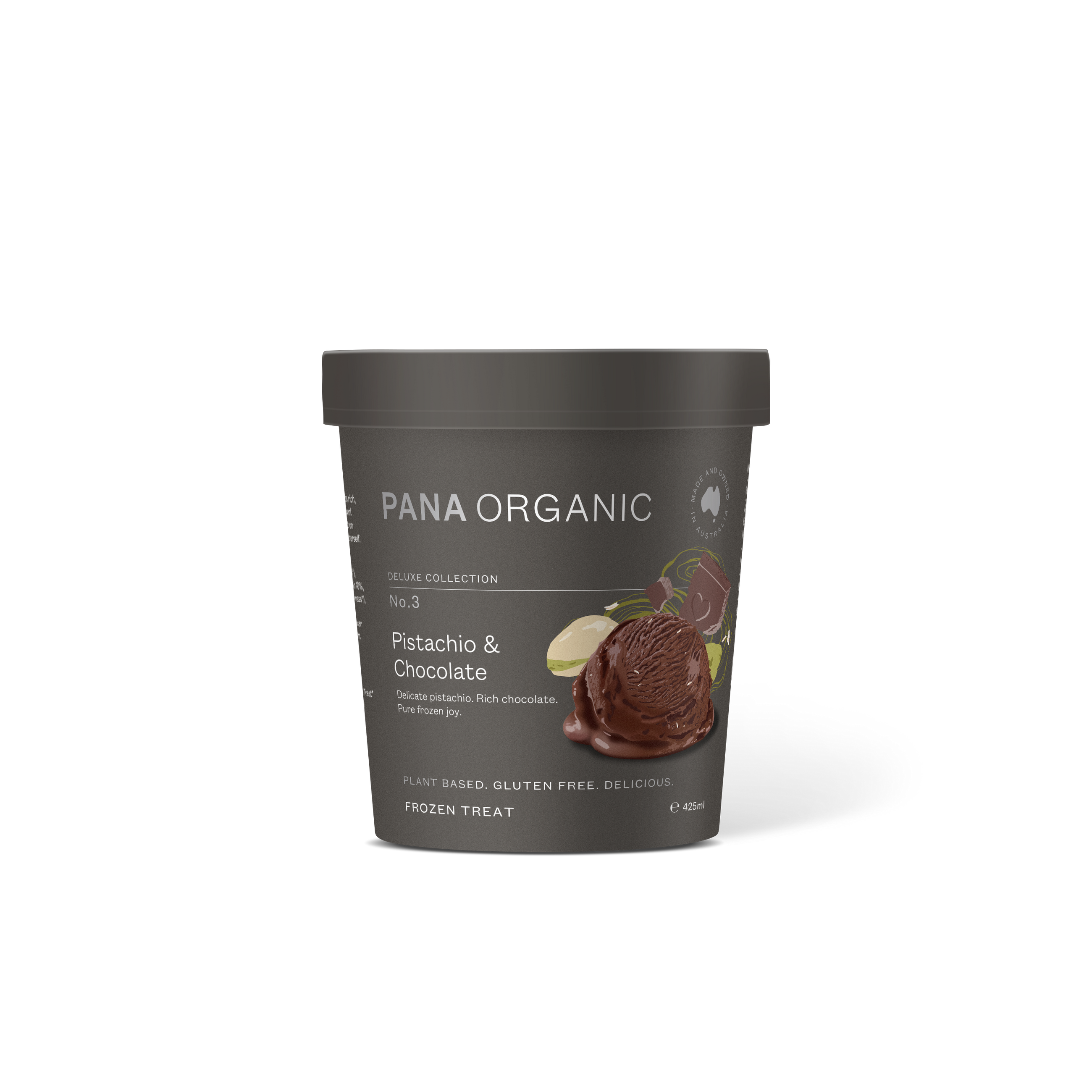 Pana Organic pistachio and chocolate ice cream. Dairy free, gluten free, organic, plant based, no nasties.