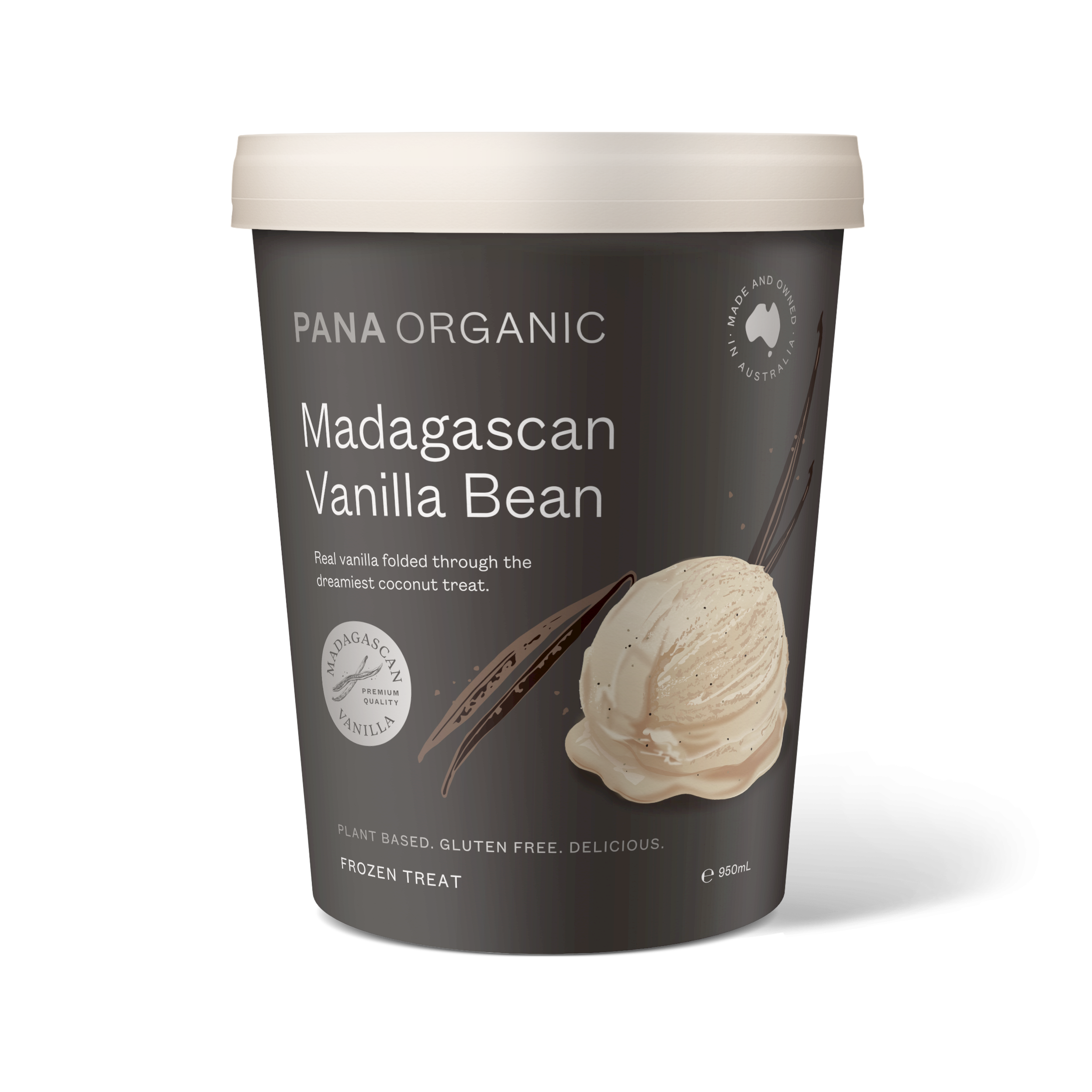 Pana Organic Madagascan Vanilla ice cream tub — creamy plant-based frozen dessert made with premium Madagascan vanilla beans.