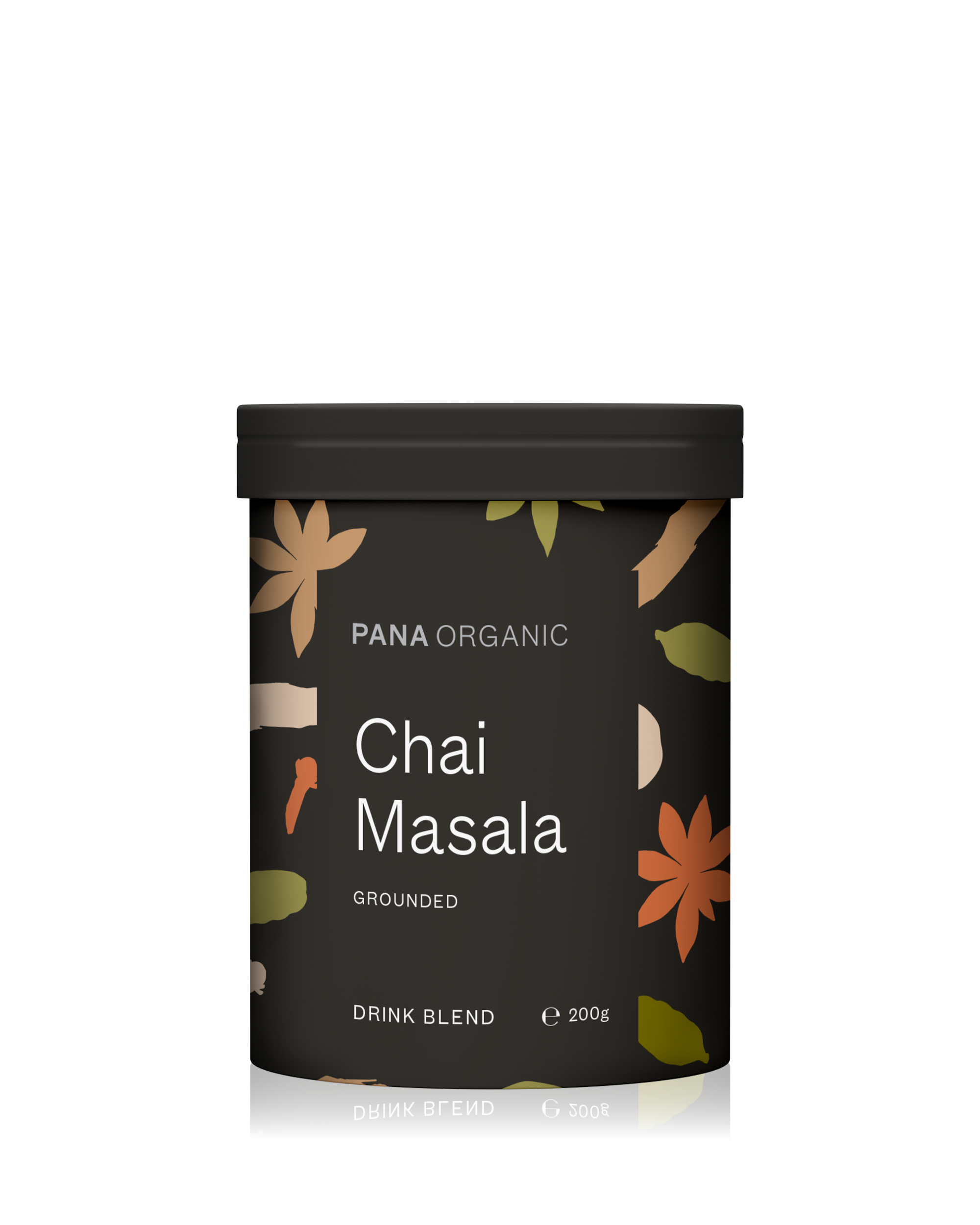 Organic Chai Masala tea blend jar with spices including ginger, nutmeg, cardamom, and star anise.