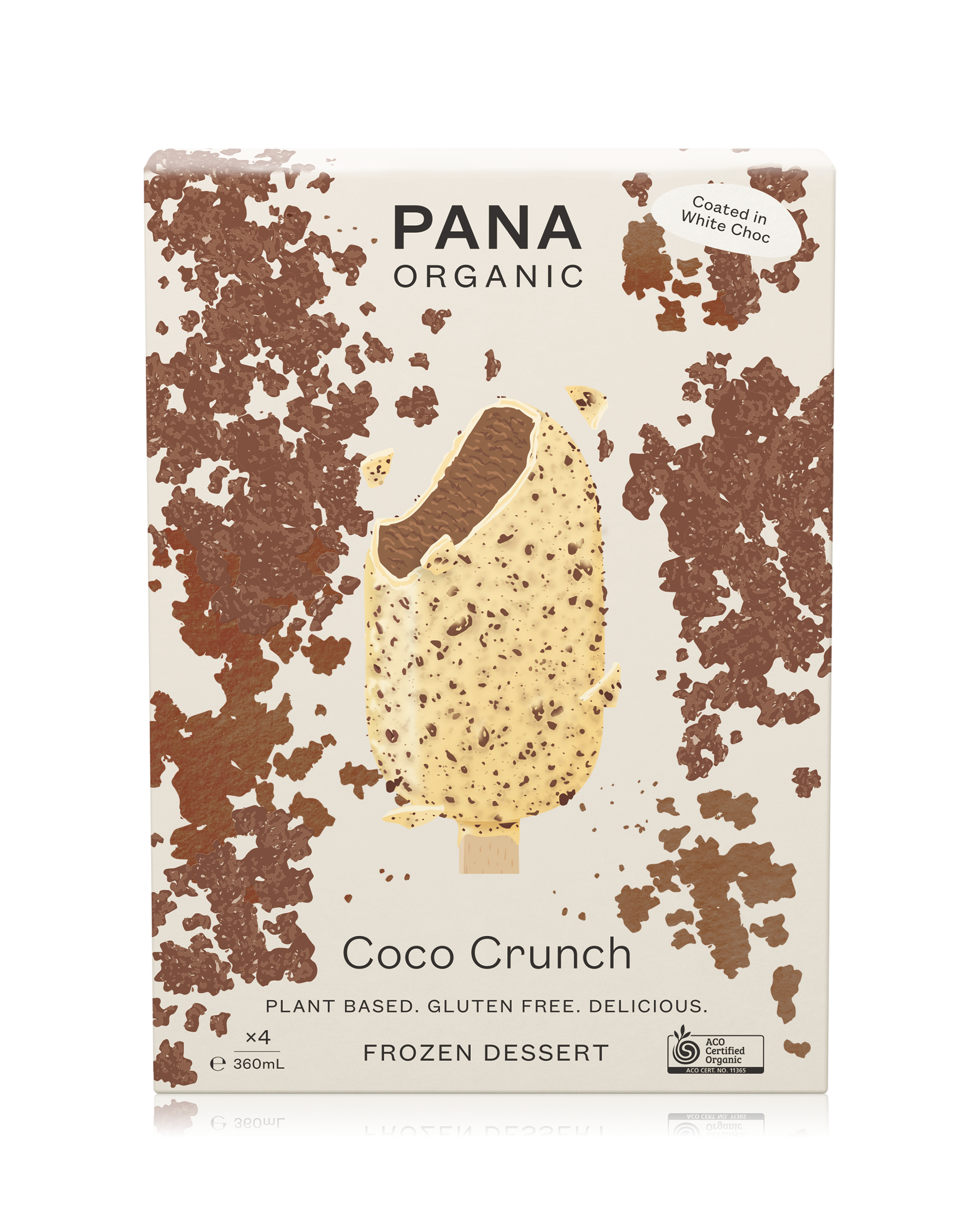 A rich coconut-based frozen dessert coated in creamy white chocolate and crispy coco crunch.