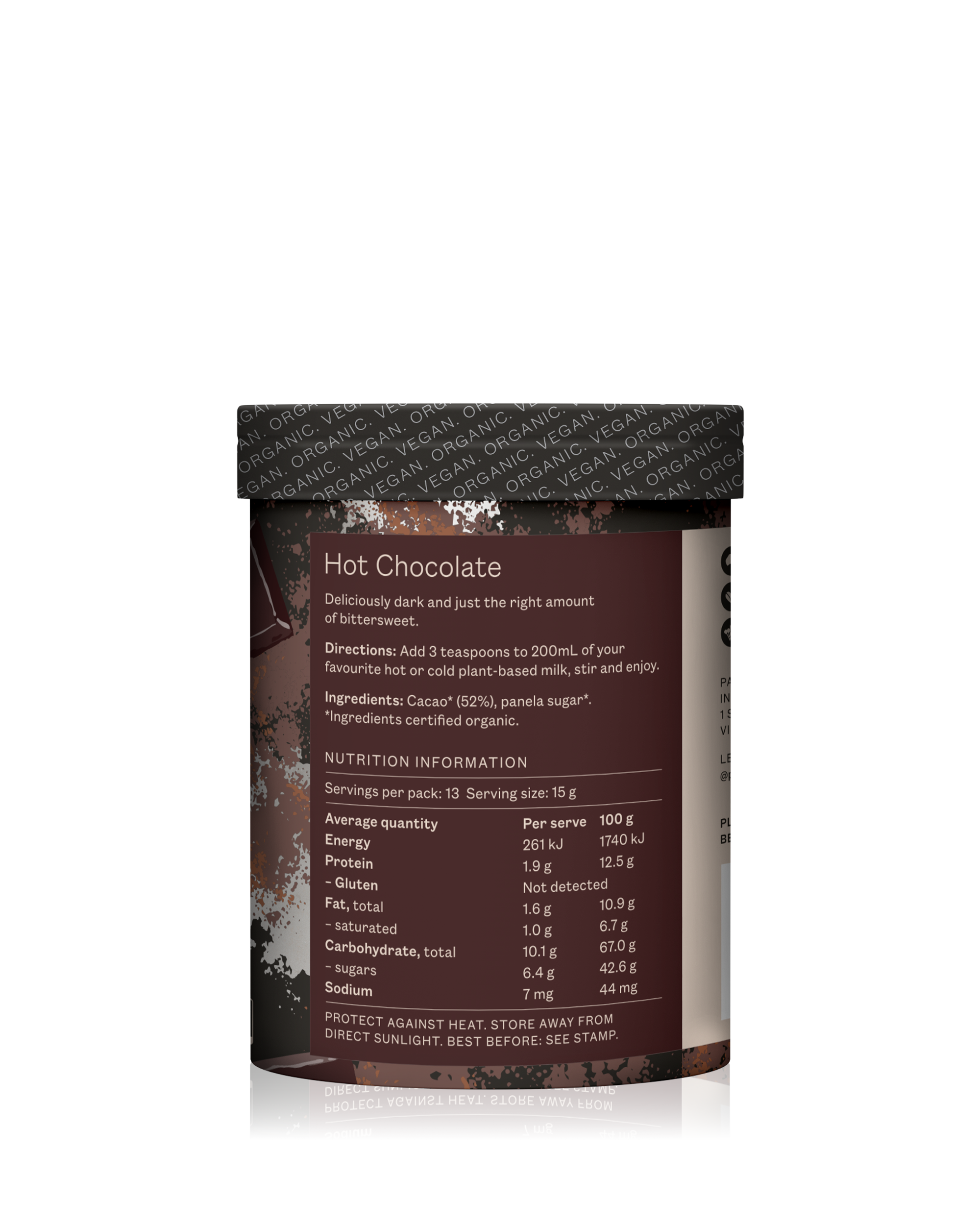 A rich and slightly bittersweet hot chocolate made with 52% organic cacao.