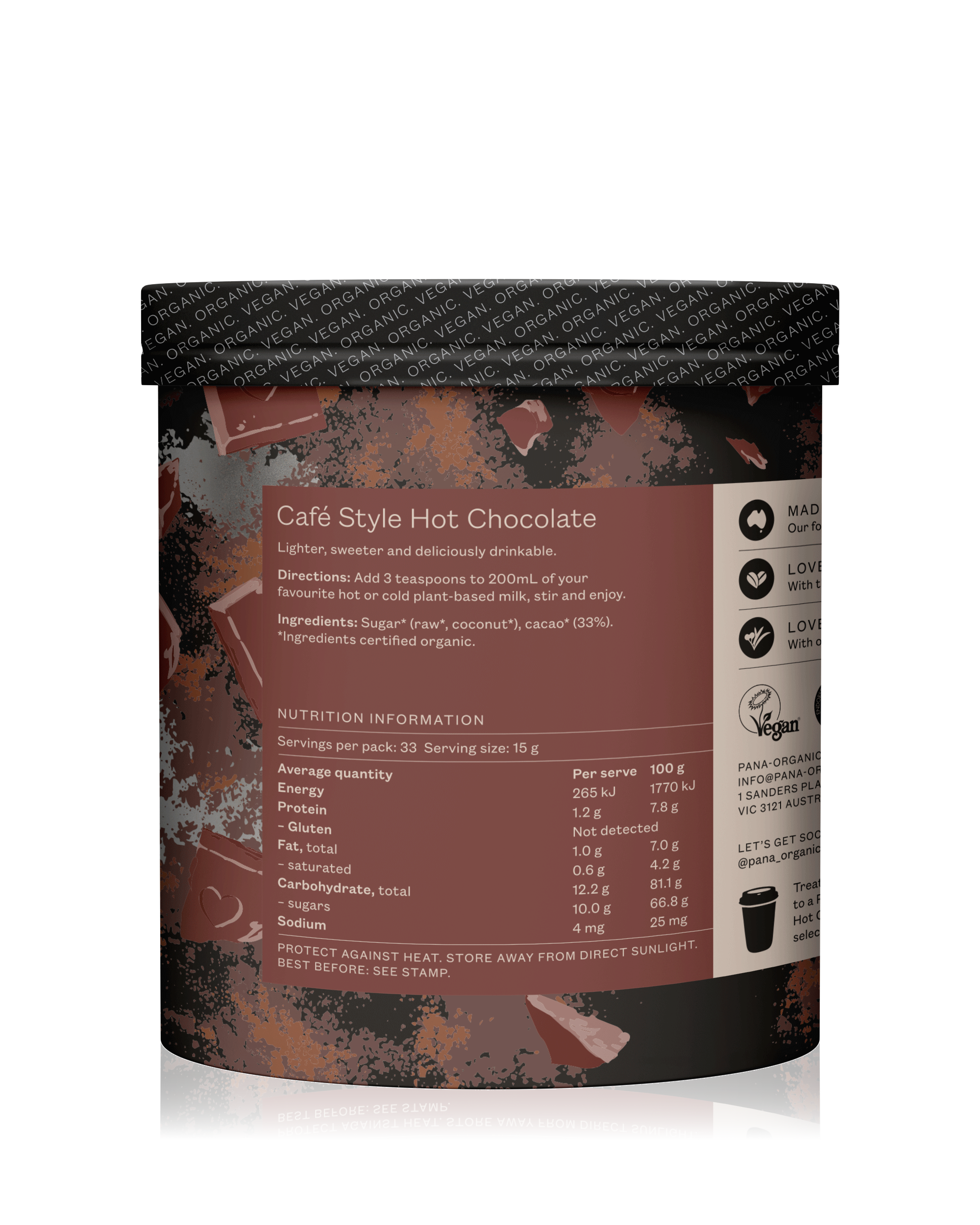 A smooth and sweet 33% cacao hot chocolate blend, perfect for cozy moments.