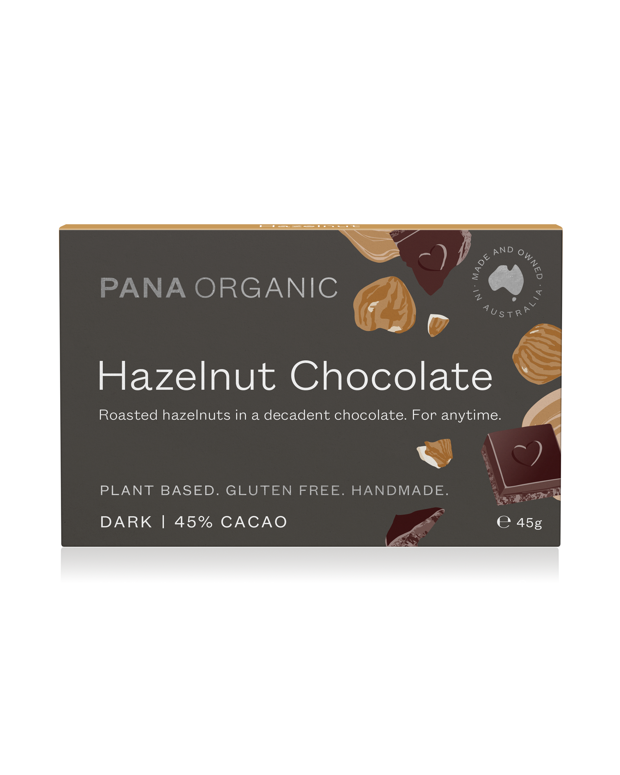 A rich, bittersweet dark chocolate bar with whole organic hazelnuts, offering a smooth and crunchy texture. Certified vegan and gluten-free.