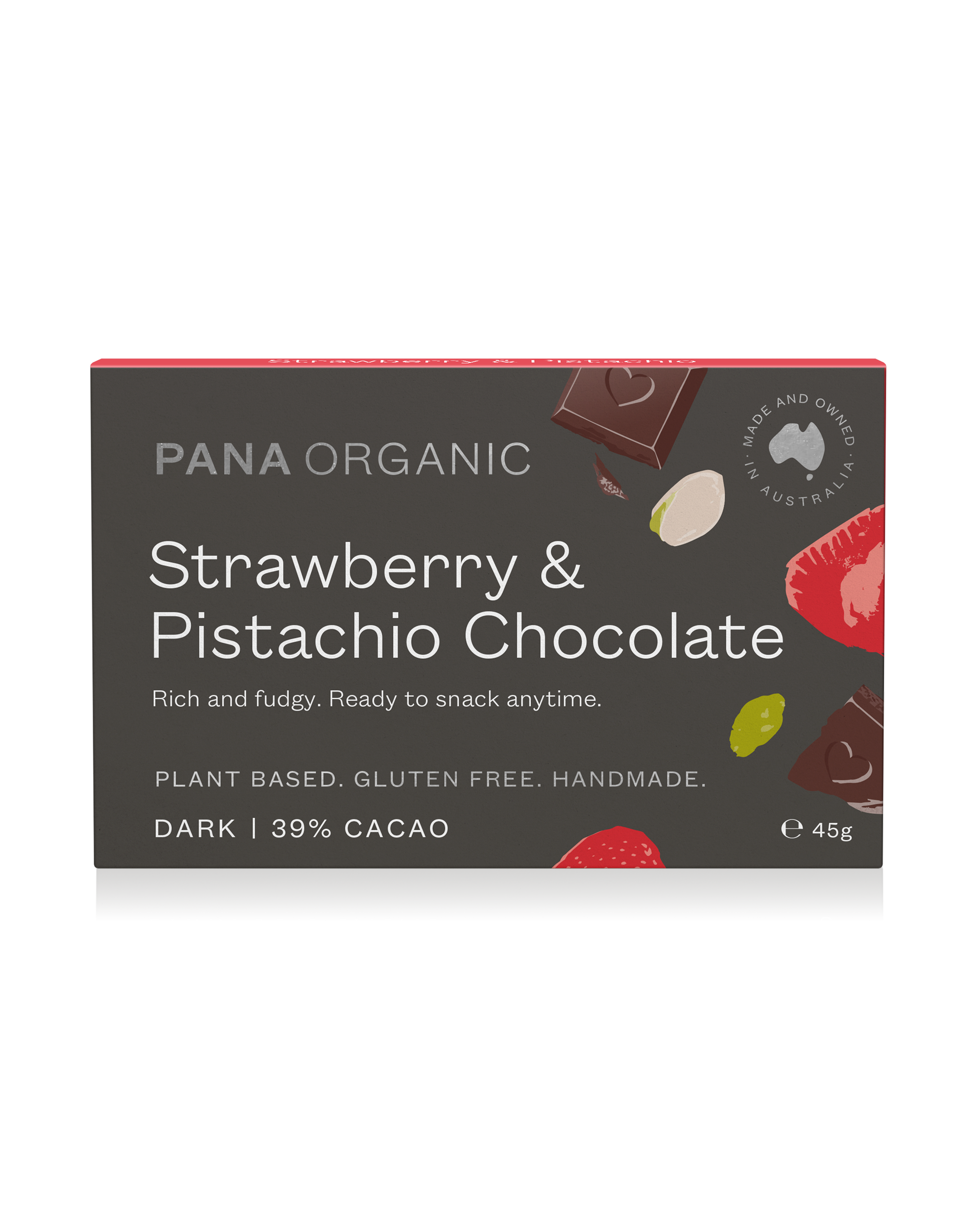 Velvety 50% dark chocolate infused with succulent organic strawberry and crunchy pistachio pieces for a delightful taste.