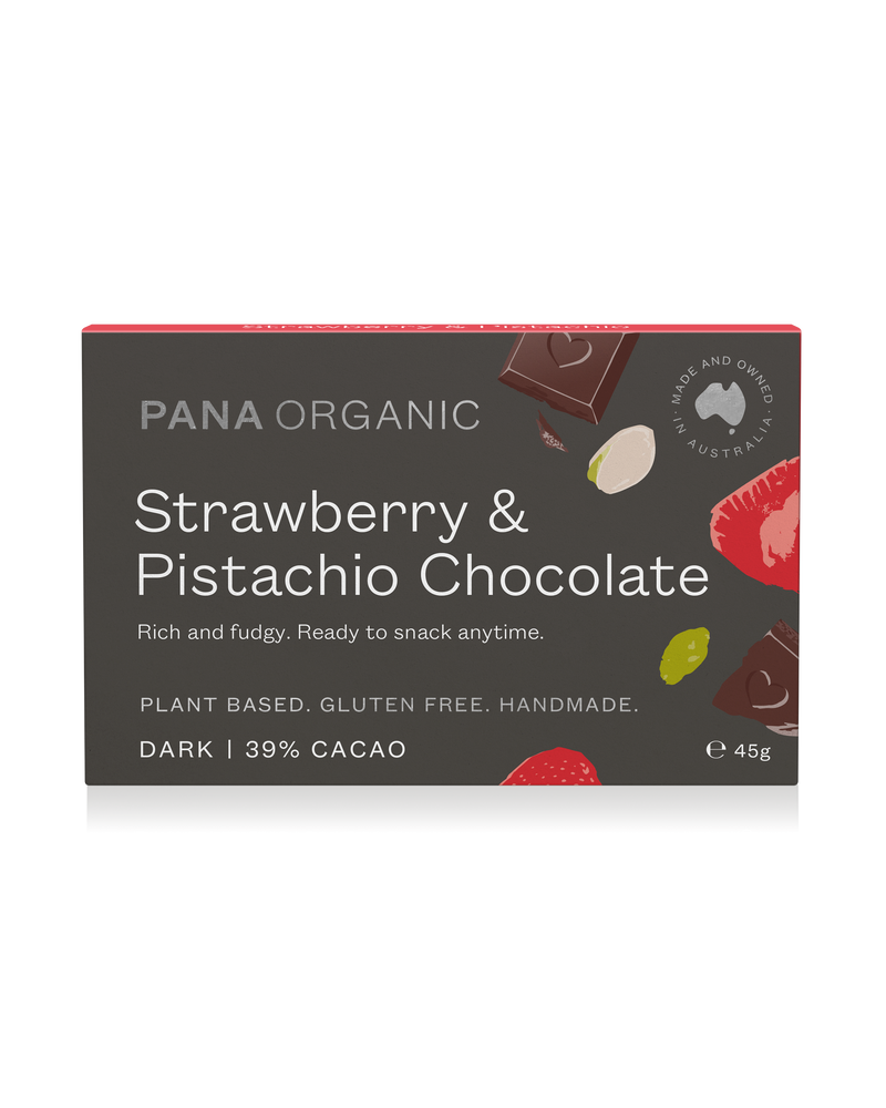 Velvety 50% dark chocolate infused with succulent organic strawberry and crunchy pistachio pieces for a delightful taste.