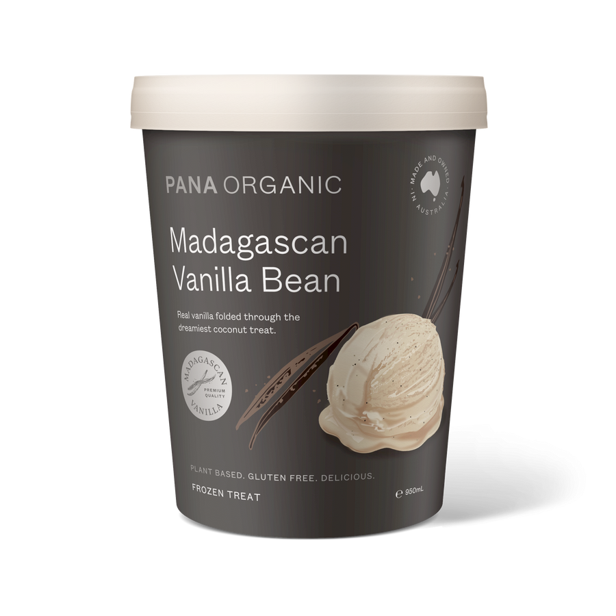 Pana Organic Madagascan Vanilla ice cream tub — creamy plant-based frozen dessert made with premium Madagascan vanilla beans.