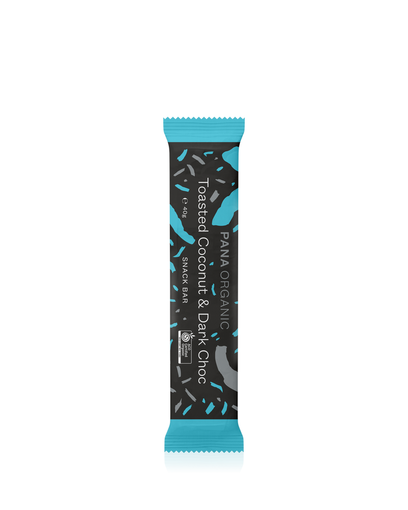 A plant-based and gluten-free snack bar with toasted coconut and dark chocolate.