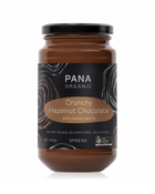 A generous-sized jar of crunchy hazelnut chocolate spread with roasted organic hazelnuts.