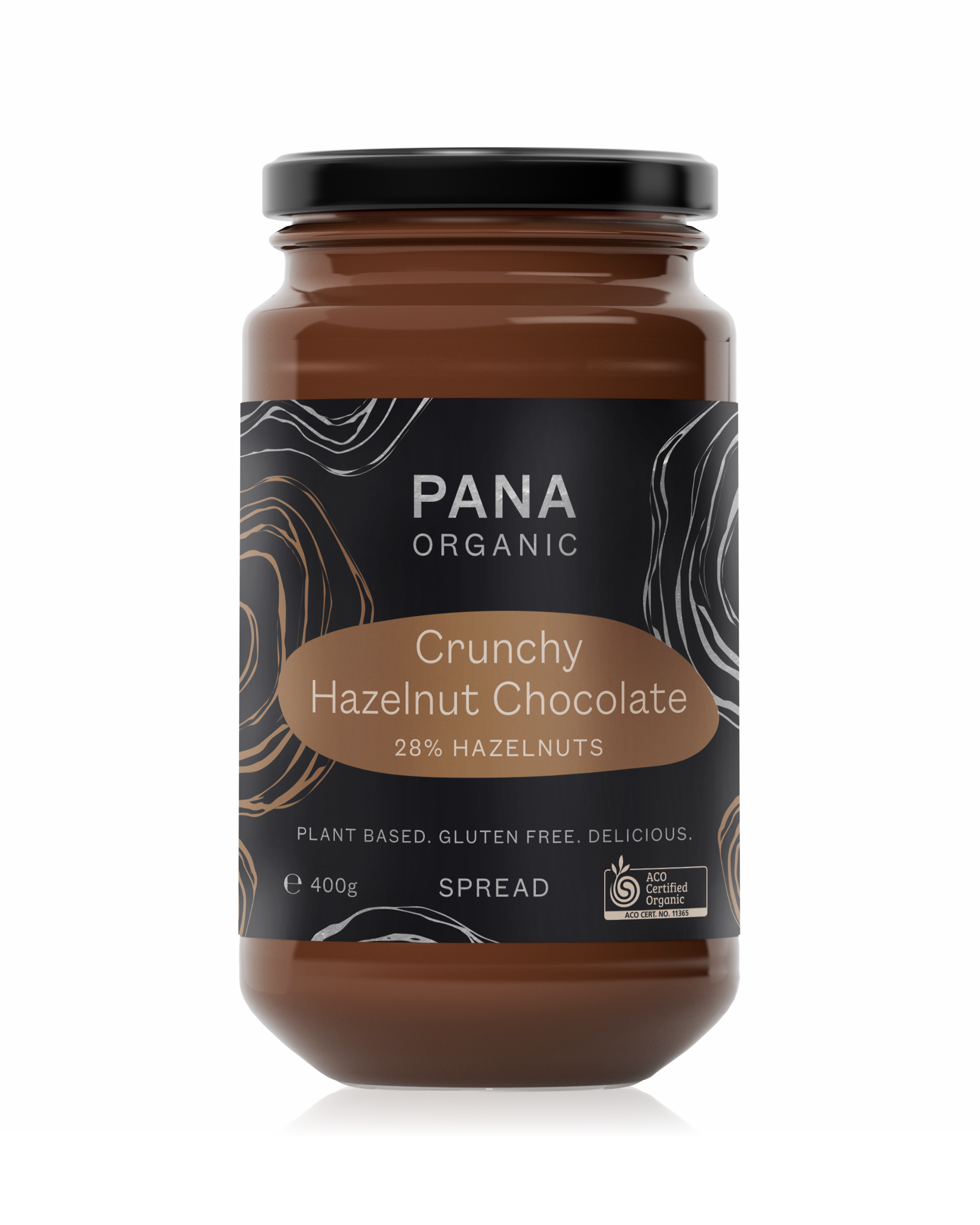 A generous-sized jar of crunchy hazelnut chocolate spread with roasted organic hazelnuts.