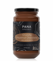 A generous-sized jar of crunchy hazelnut chocolate spread with roasted organic hazelnuts.