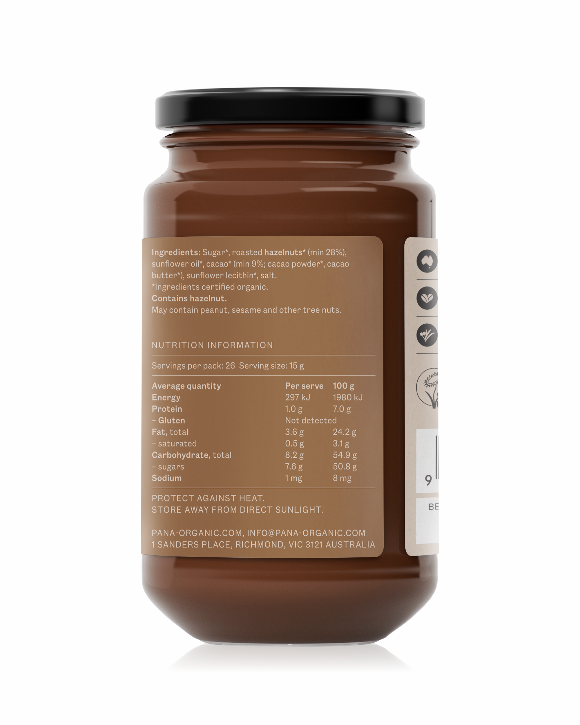 A generous-sized jar of crunchy hazelnut chocolate spread with roasted organic hazelnuts.