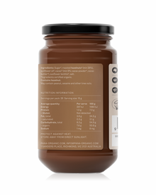 A generous-sized jar of crunchy hazelnut chocolate spread with roasted organic hazelnuts.