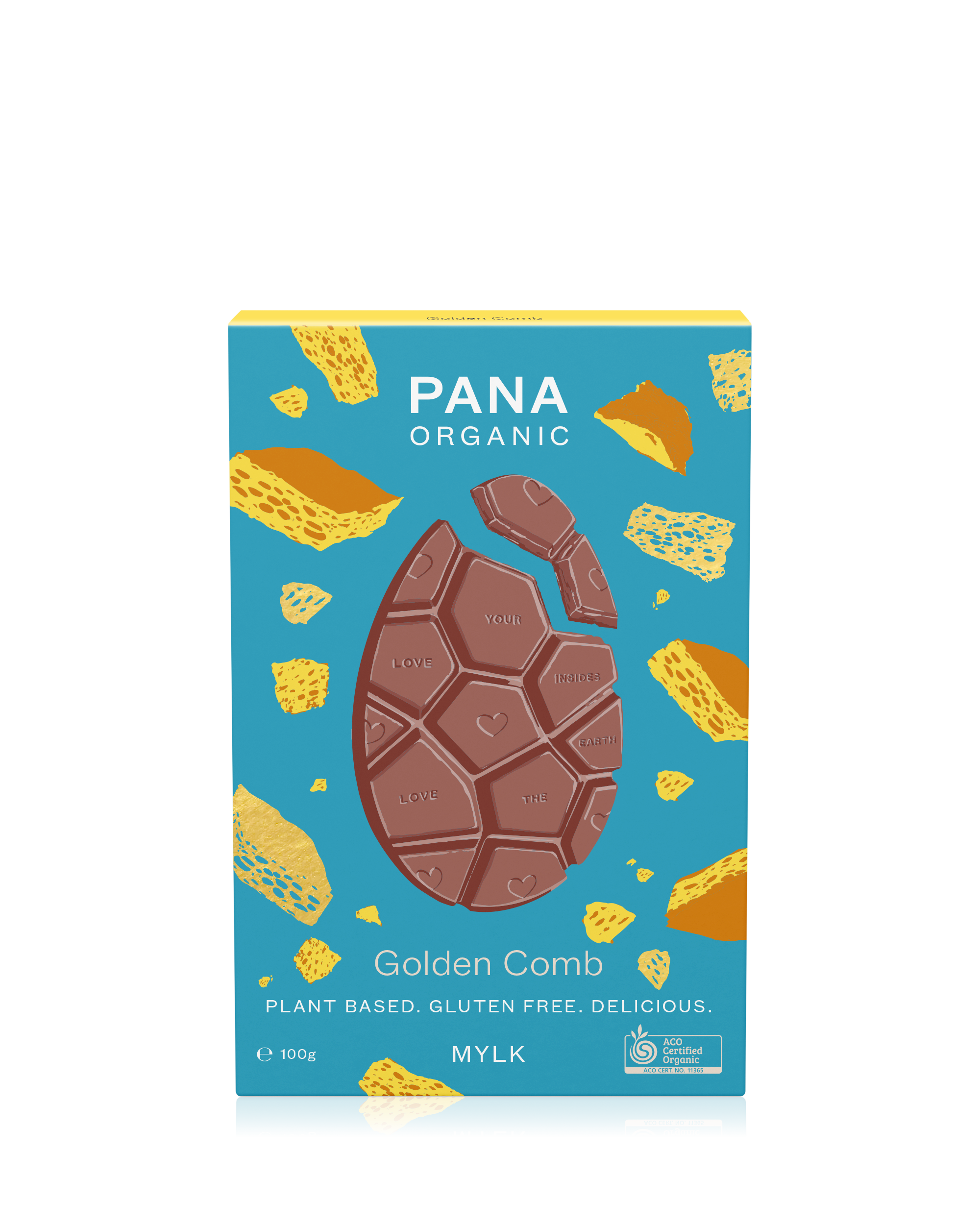 A sustainable flat chocolate bar made with smooth mylk chocolate and crunchy golden honeycomb pieces, crafted with cacao powder and minimal packaging for an eco-friendly indulgence.