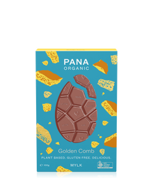 A sustainable flat chocolate bar made with smooth mylk chocolate and crunchy golden honeycomb pieces, crafted with cacao powder and minimal packaging for an eco-friendly indulgence.