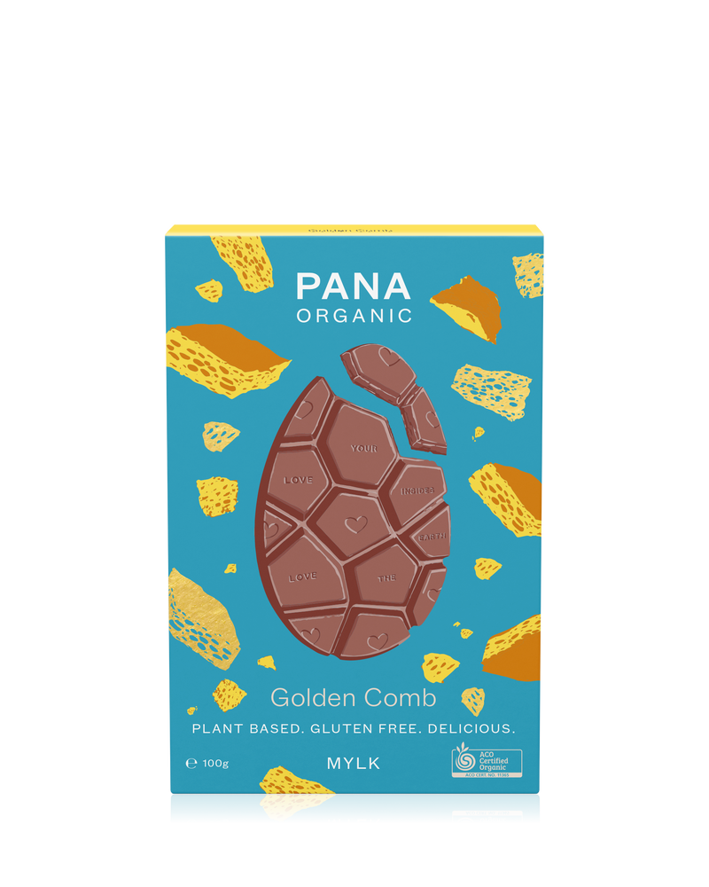 A sustainable flat chocolate bar made with smooth mylk chocolate and crunchy golden honeycomb pieces, crafted with cacao powder and minimal packaging for an eco-friendly indulgence.