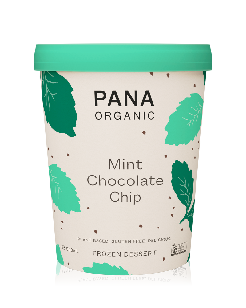 A creamy coconut frozen dessert infused with mint and generously dotted with dark chocolate chips.