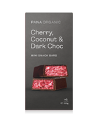 A delicious mix of cherry, coconut, and dark chocolate in a snack bar.