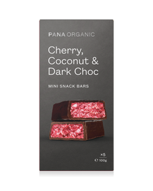 A delicious mix of cherry, coconut, and dark chocolate in a snack bar.