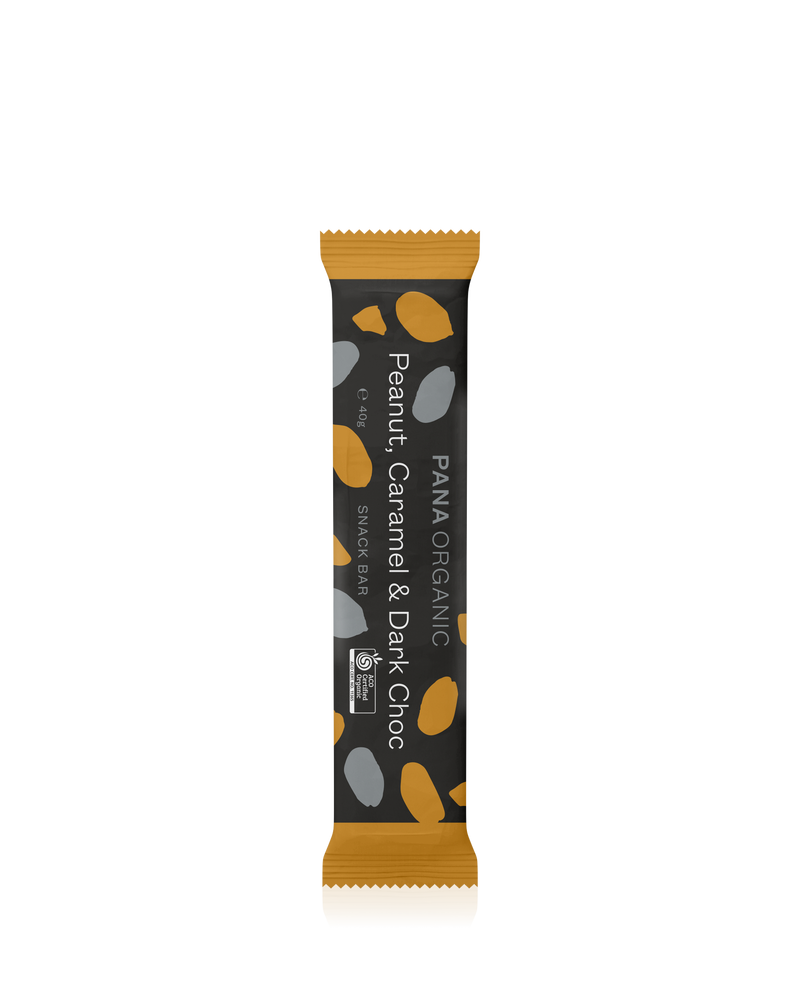 A chewy caramel-peanut bar coated in thick, plant-based dark chocolate.