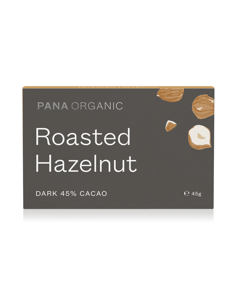 A rich, bittersweet dark chocolate bar with whole organic hazelnuts, offering a smooth and crunchy texture. Certified vegan and gluten-free.