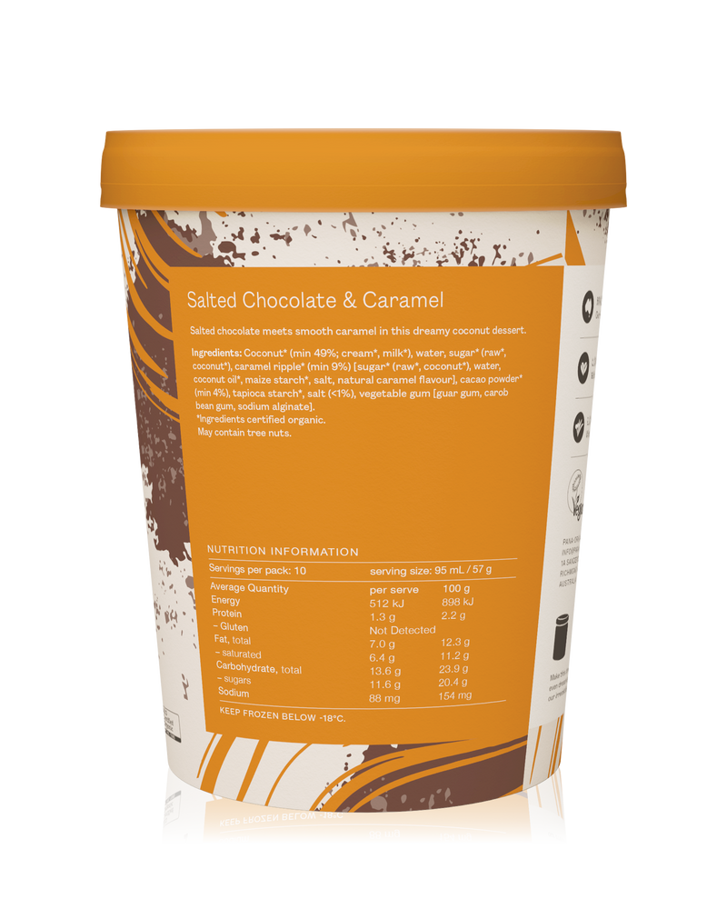 A luscious chocolate coconut base with sweet caramel notes, creating a perfect balance of sweet and salty flavors.