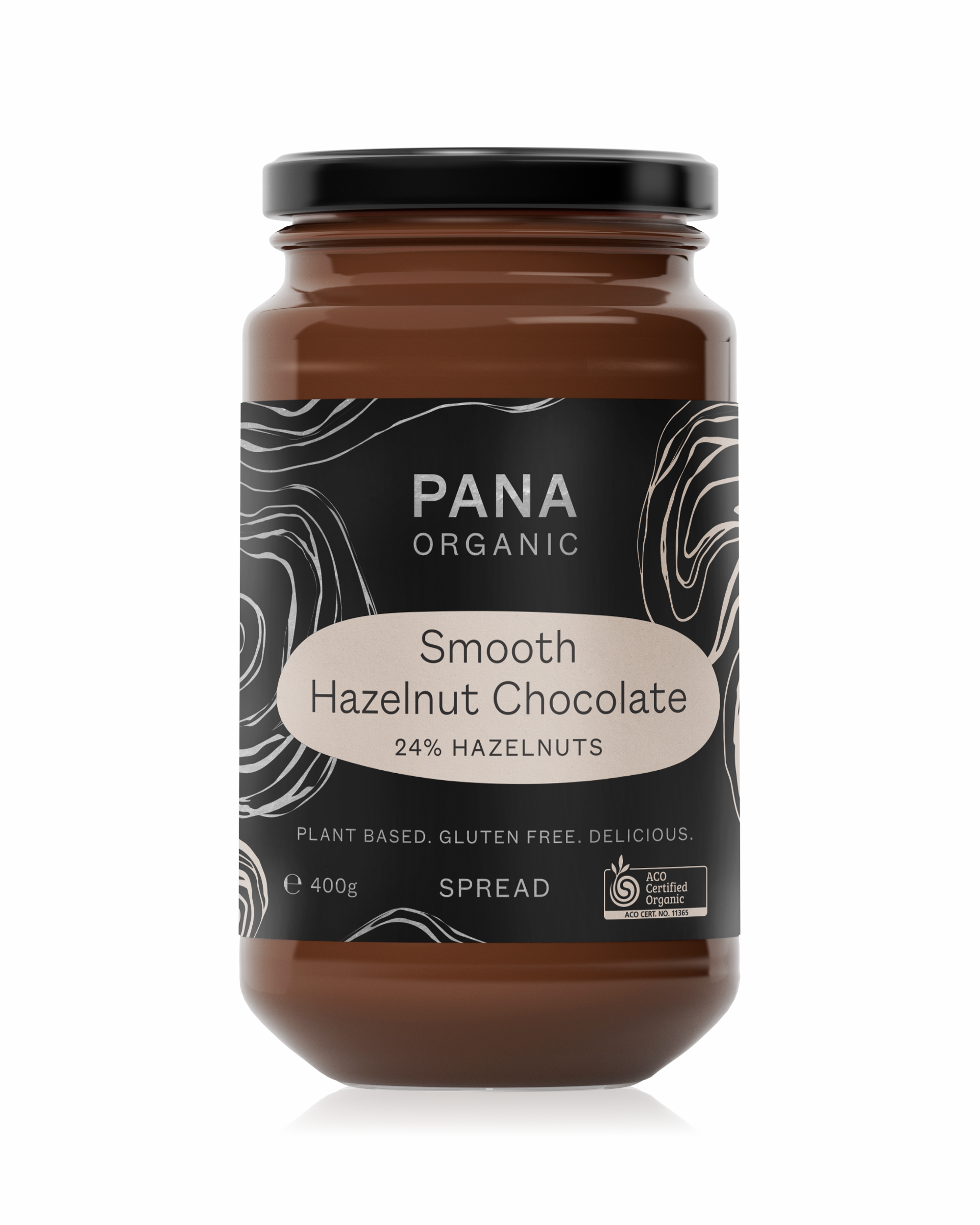 A larger jar of smooth, creamy hazelnut chocolate spread made with organic and vegan ingredients.