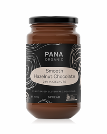 A larger jar of smooth, creamy hazelnut chocolate spread made with organic and vegan ingredients.