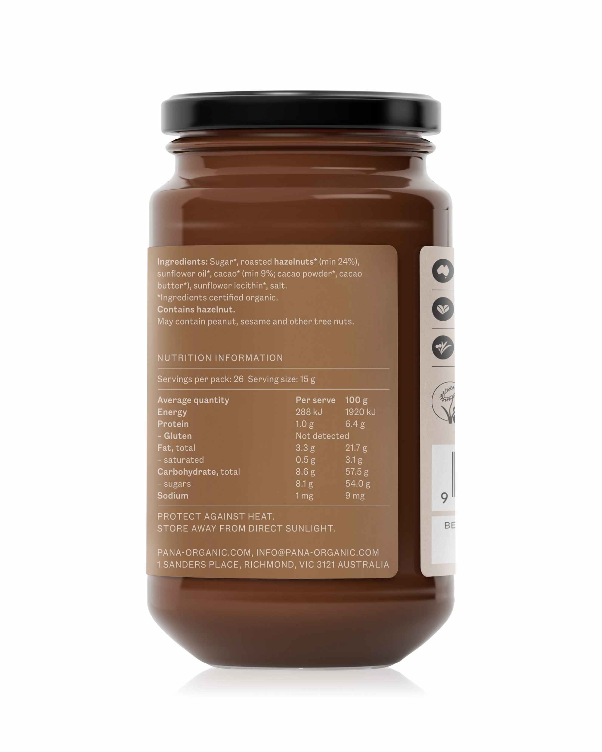 A larger jar of smooth, creamy hazelnut chocolate spread made with organic and vegan ingredients.