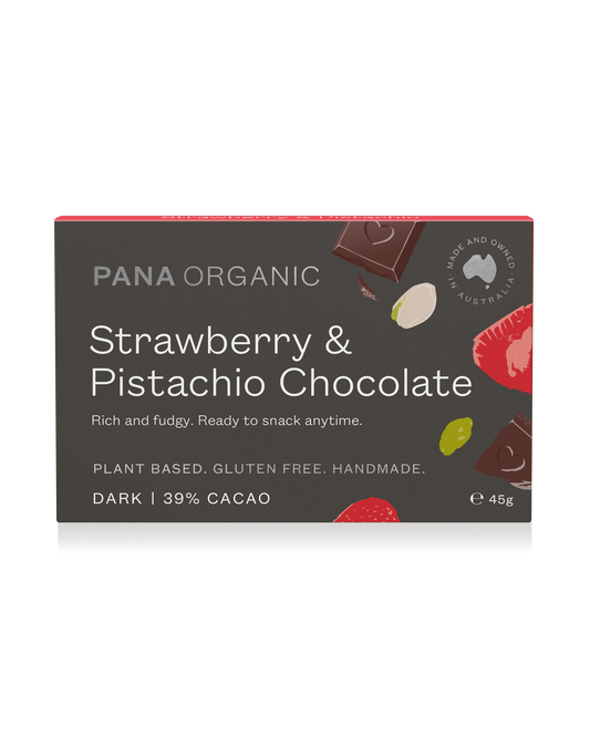 Velvety 50% dark chocolate infused with succulent organic strawberry and crunchy pistachio pieces for a delightful taste.