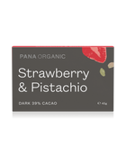 Velvety 50% dark chocolate infused with succulent organic strawberry and crunchy pistachio pieces for a delightful taste.