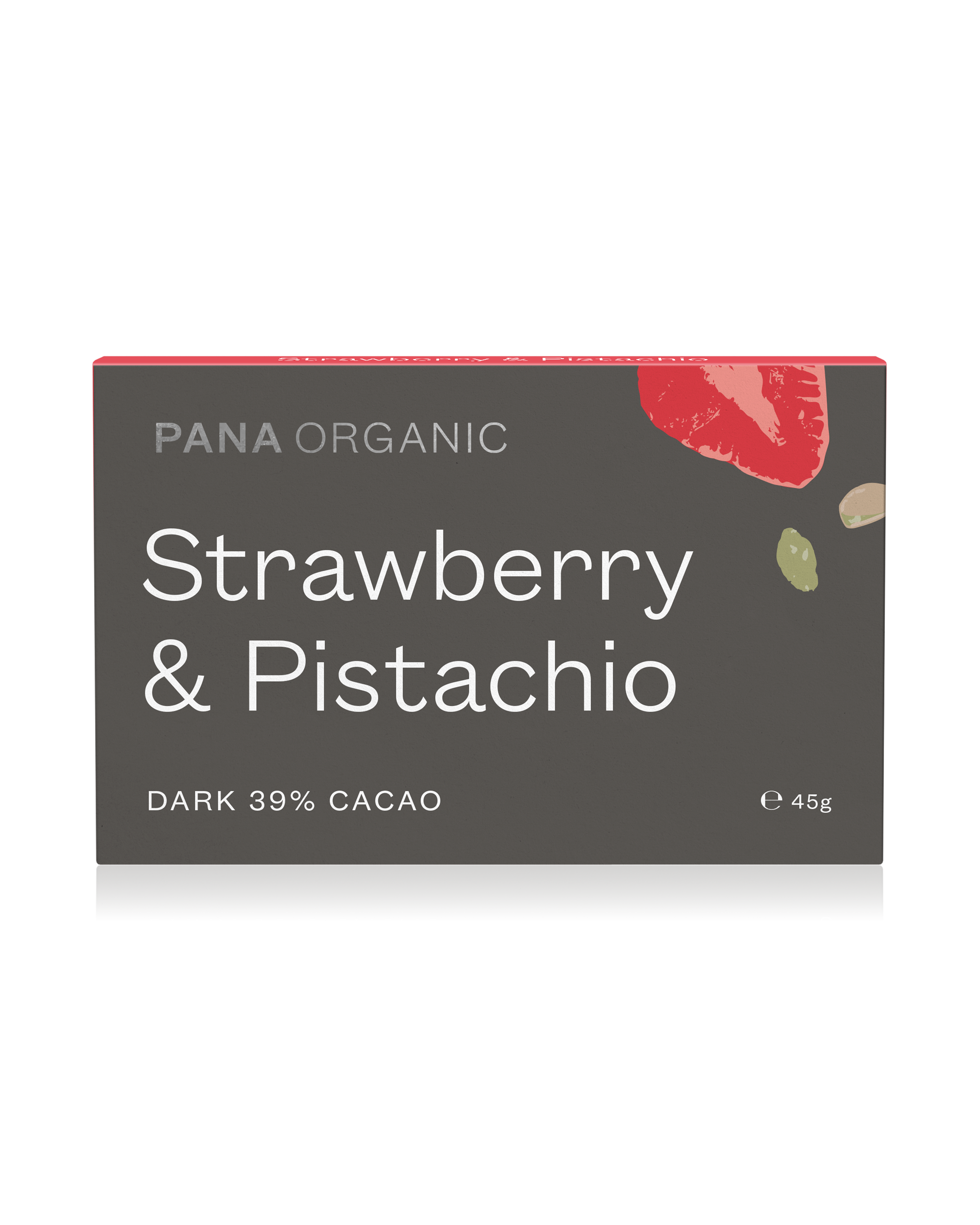 Velvety 50% dark chocolate infused with succulent organic strawberry and crunchy pistachio pieces for a delightful taste.