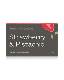 Velvety 50% dark chocolate infused with succulent organic strawberry and crunchy pistachio pieces for a delightful taste.