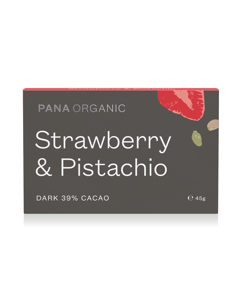 Velvety 50% dark chocolate infused with succulent organic strawberry and crunchy pistachio pieces for a delightful taste.