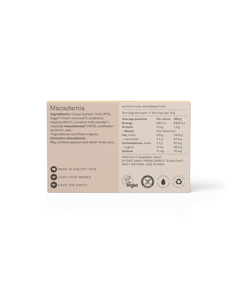 Nutrition information on packaging for the Pana Organic Macadamia White Chocolate 45g Block