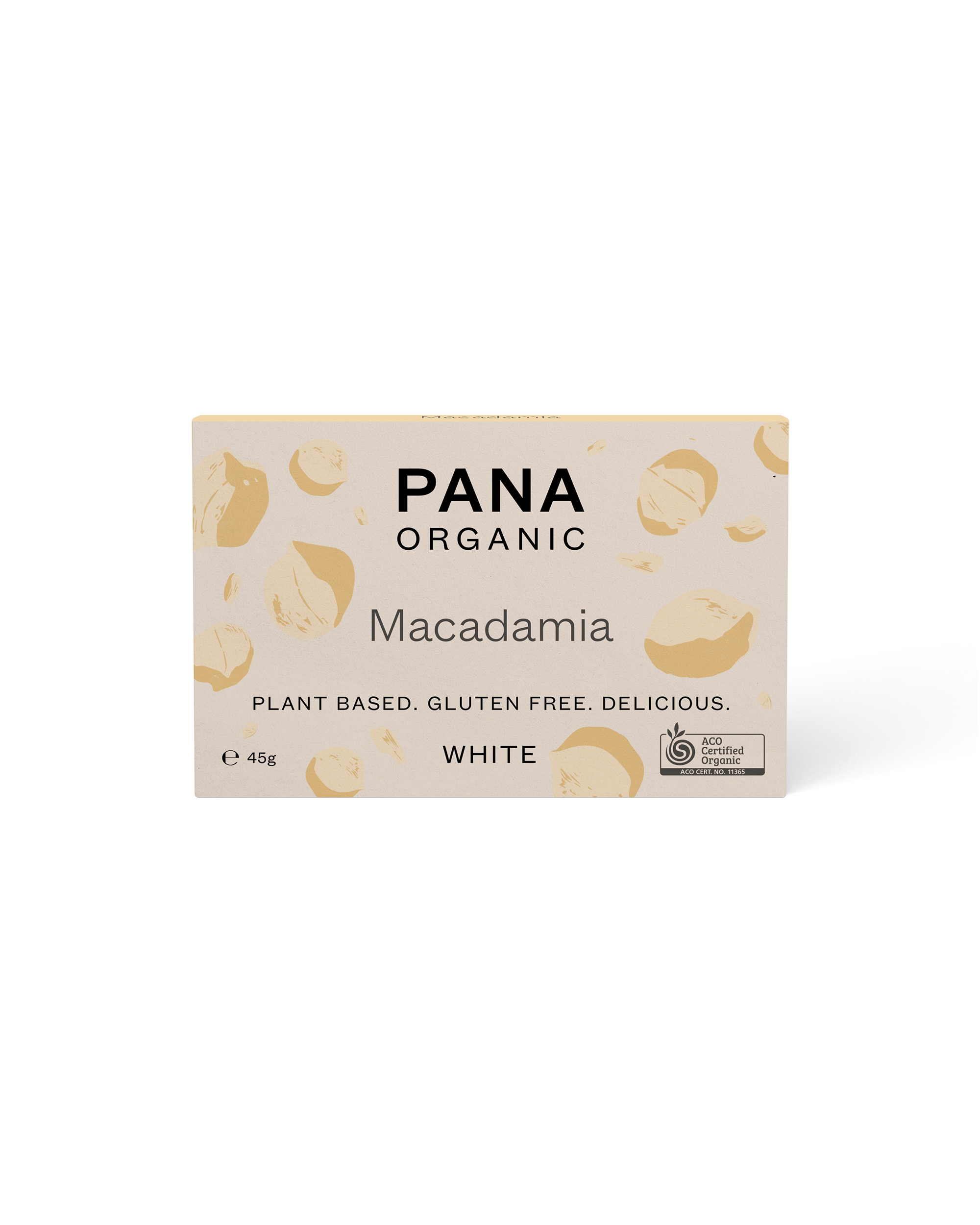 Front of packaging for the Pana Organic Macadamia White Chocolate 45g Block