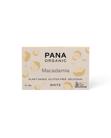Front of packaging for the Pana Organic Macadamia White Chocolate 45g Block