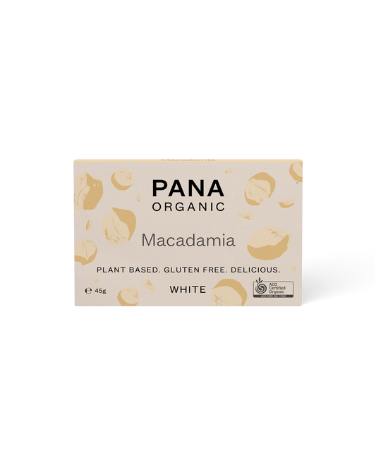 Front of packaging for the Pana Organic Macadamia White Chocolate 45g Block