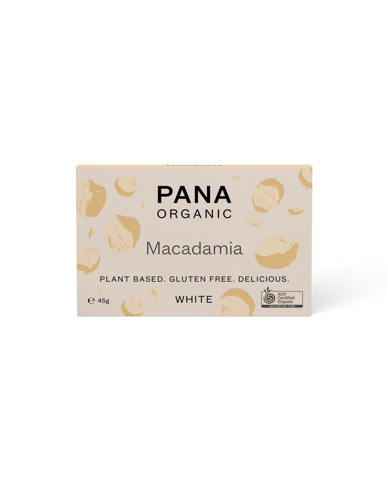 Front of packaging for the Pana Organic Macadamia White Chocolate 45g Block